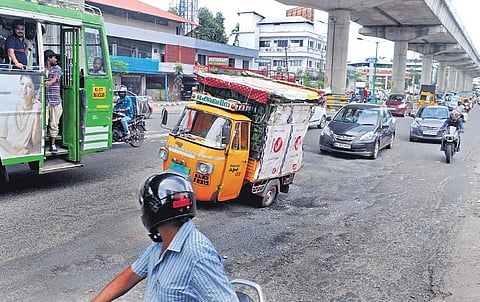 The deep pothole at Edappally Toll junction. Accidents are becoming frequent in the stretch