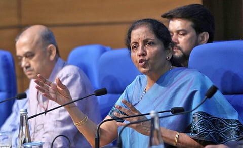 Finance Minister Nirmala Sitharaman with MoS Finance Anurag Thakur and Economic Affairs Secretary Atanu Chakraborty during a press conference in New Delhi (Photo |Shekhar Yadav, EPS)