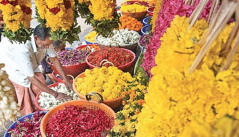 Varieties of flowers kept for sale at a flower shop in Chalai market in Thiruvananthapuram   B P Deepu