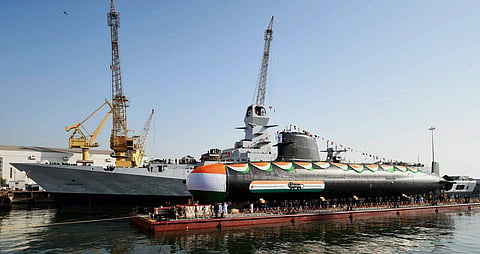 India’s second Scorpene-class submarine, Khanderi, at the Mazagon Docks in Mumbai.| (File | PTI)