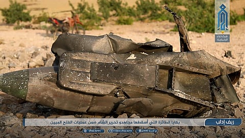 Part of a Syrian warplane that was shot down by rebel fighters over Idlib province in Syria. (File Photo | AP)