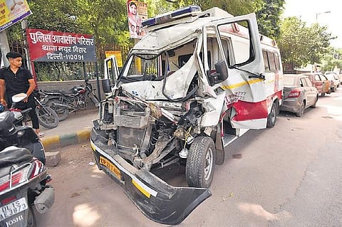 The damaged ambulance that rammed into a truck. ( Photo | Parveen Negi )