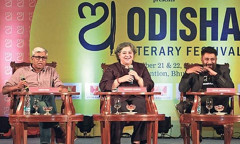 Vivek Agnihotri, Ashutosh and Kaveree Bamzai during the session  ‘Matinee Ideal-From Netaji to Modiji |( Photo | Irfana )