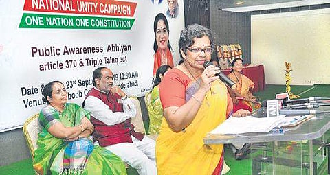 BJP National Mahila Morcha president, during  Mahila Jan Jagran Sabha on abrogation of Article 370 and Triple Talaq  at Mahboob College on Monday (Photo |EPS)
