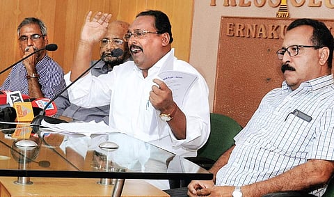 Maradu Bhavana Samrakshana Samithi chairman Shamsudheen Karunagappally speaking to mediapersons at the Ernakulam Press  Club on Tuesday | Express