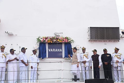 Defence minister Rajnath Singh at Commissioning ceremony of Indian Coast Guard Ship ICGS Varaha at Chennai Port Trust, in Chennai. (Photo | R. Satish Babu)
