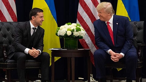 In this photo from Sept. 25, 2019, US President Donald Trump and Ukrainian President Volodymyr Zelensky speak during a meeting in New York, on the sidelines of the United Nations General Assembly. 