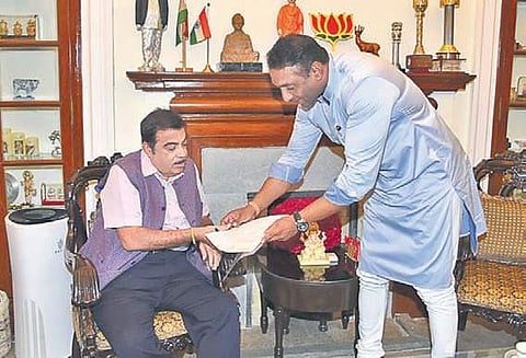 Industries Minister Mekapati Goutham Reddy meets Union Minister for Road Transport and Highways Nitin Gadkari at the latter’s residence in New Delhi on Thursday I Express