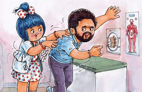 Amul, known for their creative and quirky cartoon posters revealed its latest doodle featuring Bumrah alongside iconic Amul character, with the former attending to the pacer's back injury in a hospital-like setting. (Photo | Twitter)