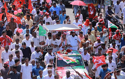 The victory rally of Mani C Kappan taken out by LDF workers through Pala town on Friday. (Photo |  Vishnu Prathap, EPS)