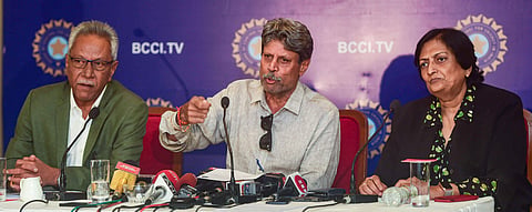 The three-members of Cricket Advisory Committee CAC Kapil Dev Anshuman Gaekwad and Shantha Rangaswamy during a press conference in Mumbai. (Photo | PTI)
