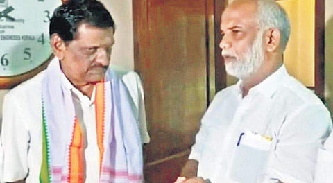 In happier times: UDF's Jose Tom meeting KC(M) working chairman P J Joseph at the latter’s resident in Thodupuzha, Idukki, on Wednesday