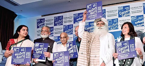 Sadhguru along with actor Suhasini Maniratnam, former ISRO chairmen Dr Radhakrishnan and A S Kiran Kumar and Biocon chief  Kiran Mazumdar-Shaw launched the ‘Cauvery Calling’ initiative in Bengaluru. (Photo | Vinod Kumar T, EPS)