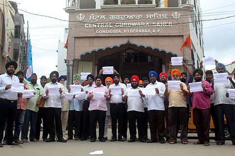 Sikh community protest at Central Gurudwara, Gowliguda on Sunday over a Sikh girl being converted and abducted in Pakistan. (Photo | Sathya Keerthi, EPS)