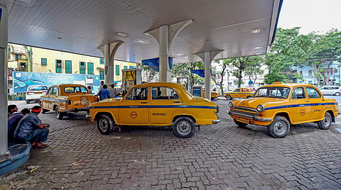 Taxis stand in a queue at a filling station in Kolkata (File Photo| PTI)