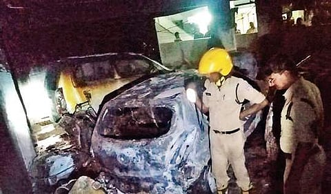2 cars and 10 bikes gutted at a fire that broke out  at a Ganesh pandal in Malkajgiri on Wednesday (Photo |EPS)