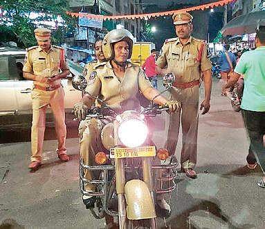 Panjagutta women police constables on a Royal Enfield bike on Thursday | Express