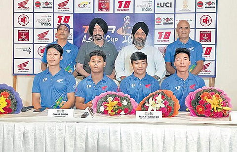 India cycling team at the IG Sports Complex, in New Delhi on Saturday.