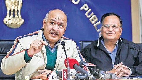 Deputy Chief Minister Manish Sisodia addresses a press conference in New Delhi on Tuesday. Also seen is PWD Minister Satyendar Jain | ARUN KUMAR