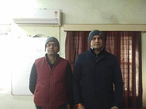 Wing Commander Kuldip Vaghela (Left) and Bhopal-based dental surgeon Chandresh Kumar Shukla who were arrested by the MP Police special task force. (Photo | Express)