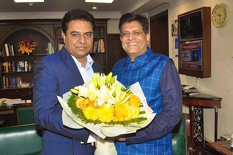 Telangana Industries Minister KT Rama Rao meets Union Minister Piyush Goyal, in New Delhi on Friday| Express