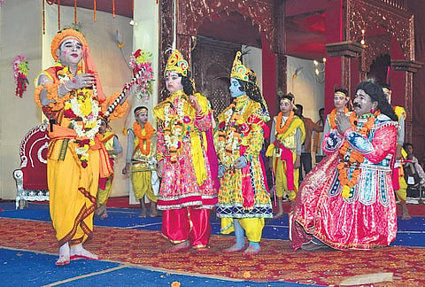 Krishna and his elder brother Balaram at Kansa Darbar on the last day of Dhanu Yatra. (Photo | EPS)
