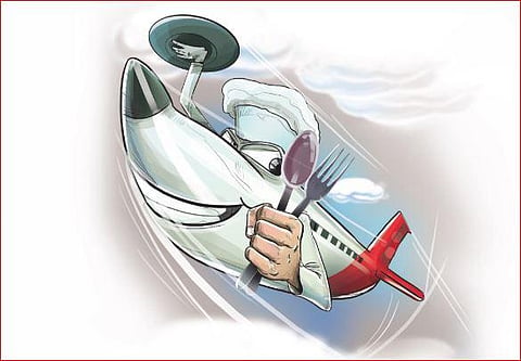 Eating on board a plane just proves we are slaves to our senses. (Express Illustartions)