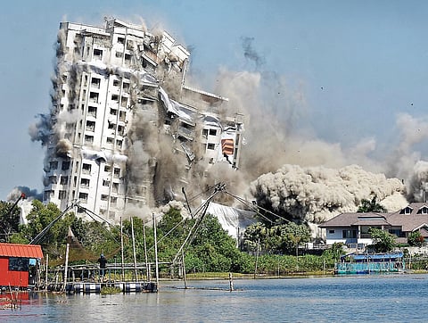 File photo of Jains Coral Cove being demolished through controlled implosion in Maradu municipality on Sunday. (Photo | BP Deepu/EPS)
