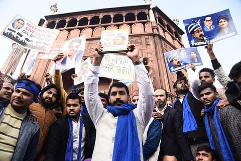 Bhim Army chief Chandrashekhar Azad protests against CAA and NRC at Jama masjid in New Delhi on Friday (EPS|Parveen Negi)