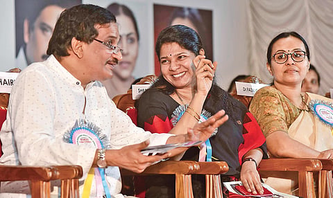 P K Fazal Gafoor, president of Muslim Educational Society, sharing a light moment with M K Kanimozhi, MP, at a women’s meet organised by MES against CAA and NRC in Kochi on Friday. Veena George, MLA, is also seen | Albin Mathew