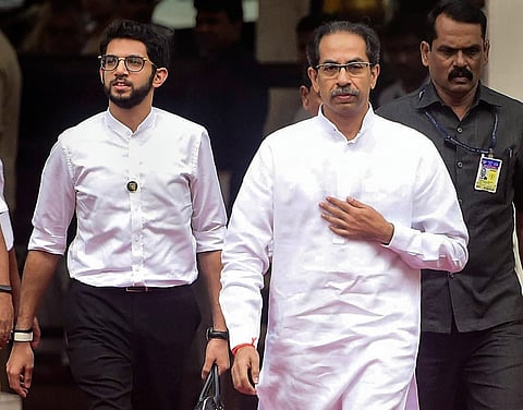 Maharashtra CM Uddhav Thackeray along with his son and minister Aaditya Thackeray arrives at the State Assembly in Mumbai Wednesday Jan. 8 2020. (Photo | PTI)