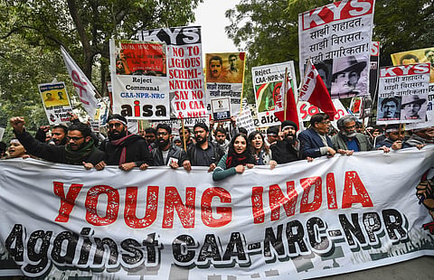 Protestors under the banner 'Young India ' participate in a demonstration against Citizenship Amendment Act and National Register of Citizens NRC in New Delhi. (Photo | PTI)