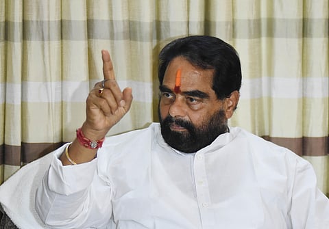 Andhra Pradesh Assembly speaker Tammineni Sitaram addressing media at his residence in Vijayawada on Sunday. (Photo| P Ravindra Babu, EPS)
