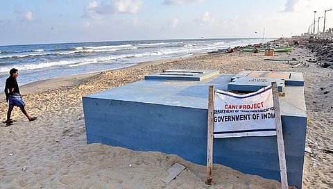 Manhole work for Chennai-Andaman cable project at Marina beach. (Photo | R Satish Babu, EPS)