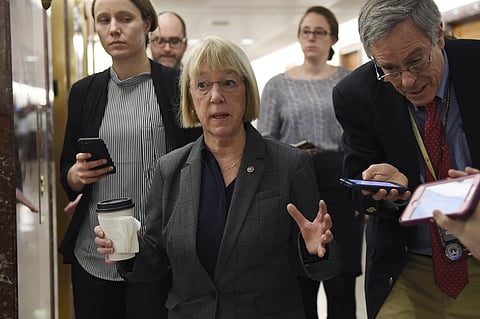 Sen. Patty Murray, D-Wash., center, talks to reporters on Capitol Hill in Washington, Friday, Jan. 24, 2020, as she heads to a closed, all-senators briefing on the coronavirus. (Photo | AP)
