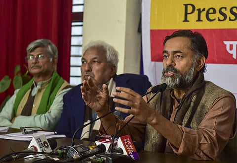 Swaraj India president Yogendra Yadav R addresses a press conference on the issue of Citizenship Amendment Act CAA National Register of Citizens NRC and National Population Register NPR under the banner 'We The People of India' in New Delhi Friday Jan. 24