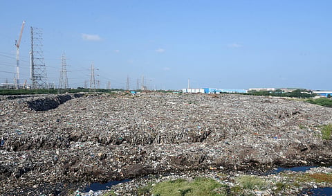 The dumpyard, alongside the Buckingham Canal Road, has legacy waste upto 1.25 lakh cubic metres spread across 17.39 acres and more than 10 feet deep.  | Martin Louis, EPS