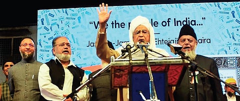 Poet and lyricist Rahat Indori at the UMAC-organised Jashn-e-Jamhuriat and Ehtejaji Mushaira at Khilwat Grounds in Hyderabad on Saturday.