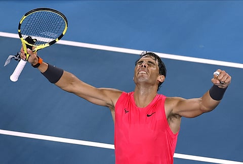 World no. 1-ranked Nadal kept his thoughts to himself and limited his shot-making to the more traditional variety in an entertaining 6-3, 3-6, 7-6 (6), 7-6 (4) victory over home-crowd favorite Nick Kyrgios on Monday to reach the Australian Open quarterfinals and get closer to a record-tying 20th Grand Slam title. (Photo | AP)