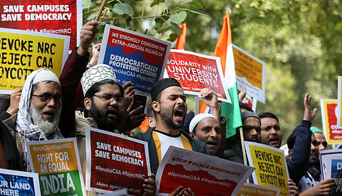 Activists during a protest against the CAA NRC and NPR at Jantar Mantar in New Delhi on Wednesday. (Photo | Shekhar Yadav/EPS)