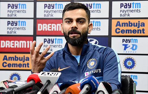 Indian skipper Virat Kohli addresses a press conference ahead of the 1st T20 Match against Sri Lanka, at Barsapara Cricket Stadium in Guwahati on Saturday. (Photo | ANI)