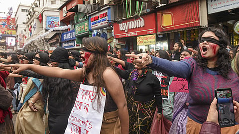 Women take part in a flash mob to protest over various issues in Kolkata Saturday Jan. 4 2020. (Photo | PTI)