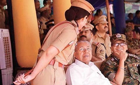 Chaitra Teresa John IPS, Additional Charge Commandant IRB, taking instructions from Chief Minister Pinarayi Vijayan and Kerala police chief Loknath Behera at the passing-out parade ceremony of 150 new Thunderbolt commandos at IRB parade ground in Malappur
