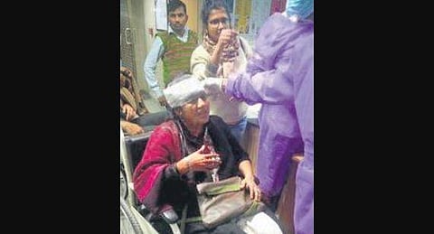 Sucharita Sen, faculty of CSRD JNU being taken to AIIMS. (Photo | PTI)
