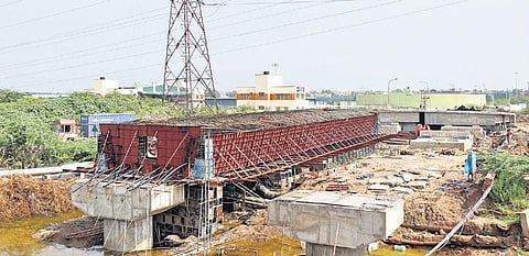 Thiruvattitur-Manali bridge, the construction of which has been delayed for long, in Chennai. (Photo | Kumararaja V, EPS)