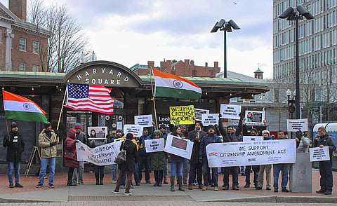 Indian-Americans display placards during a rally in the support of amended Citizenship Act in Boston US Monday Jan. 6 2020. (Photo | PTI)