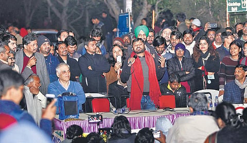 Former JNUSU president Kanahiya Kumar addresses a gathering  at JNU campus on Tuesday;