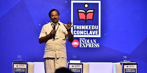 K Pandiarajan, TN Minister for Tamil Language, Culture and Archaeology, speaking at the Think Edu Conclave 2020. (Photo | P Jawahar, EPS)