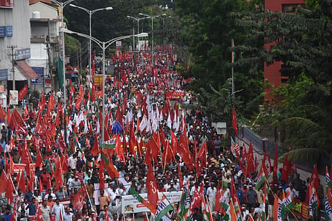 Trade union workers taking out a march in  Thiruvananthapuram on Wednesday during the nationwide 24-hour general strike. (Photo |BP Deepu)