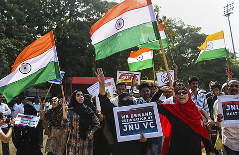 Protestors shout slogans as they demonstrate against Citizenship Amendment Bill and attack on New Delhi's Jawaharlal Nehru University at Azad Maidan in Mumbai Wednesday Jan. 8 2020. (Photo | PTI)